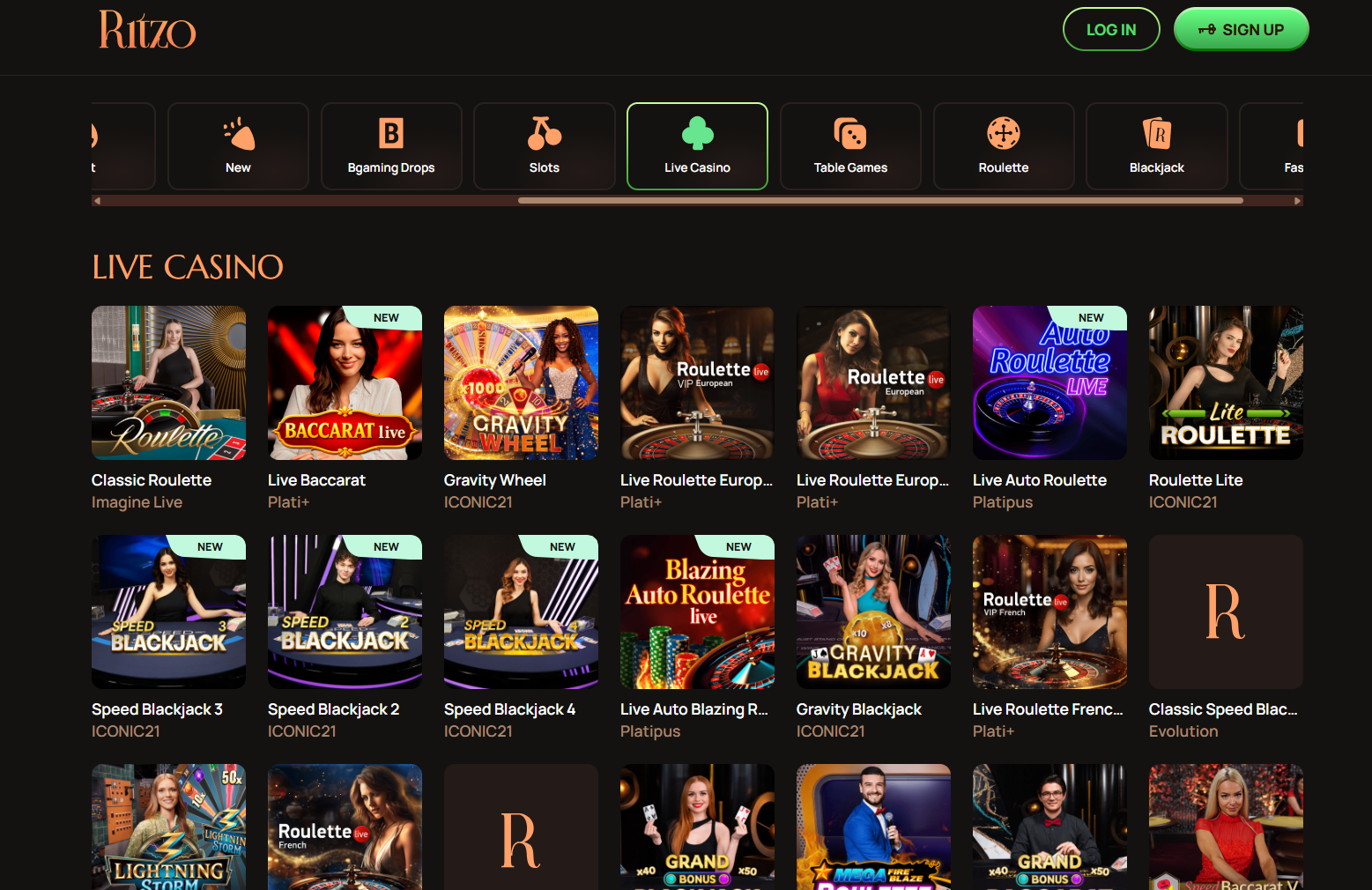 Ritzo Live Dealer Lobby